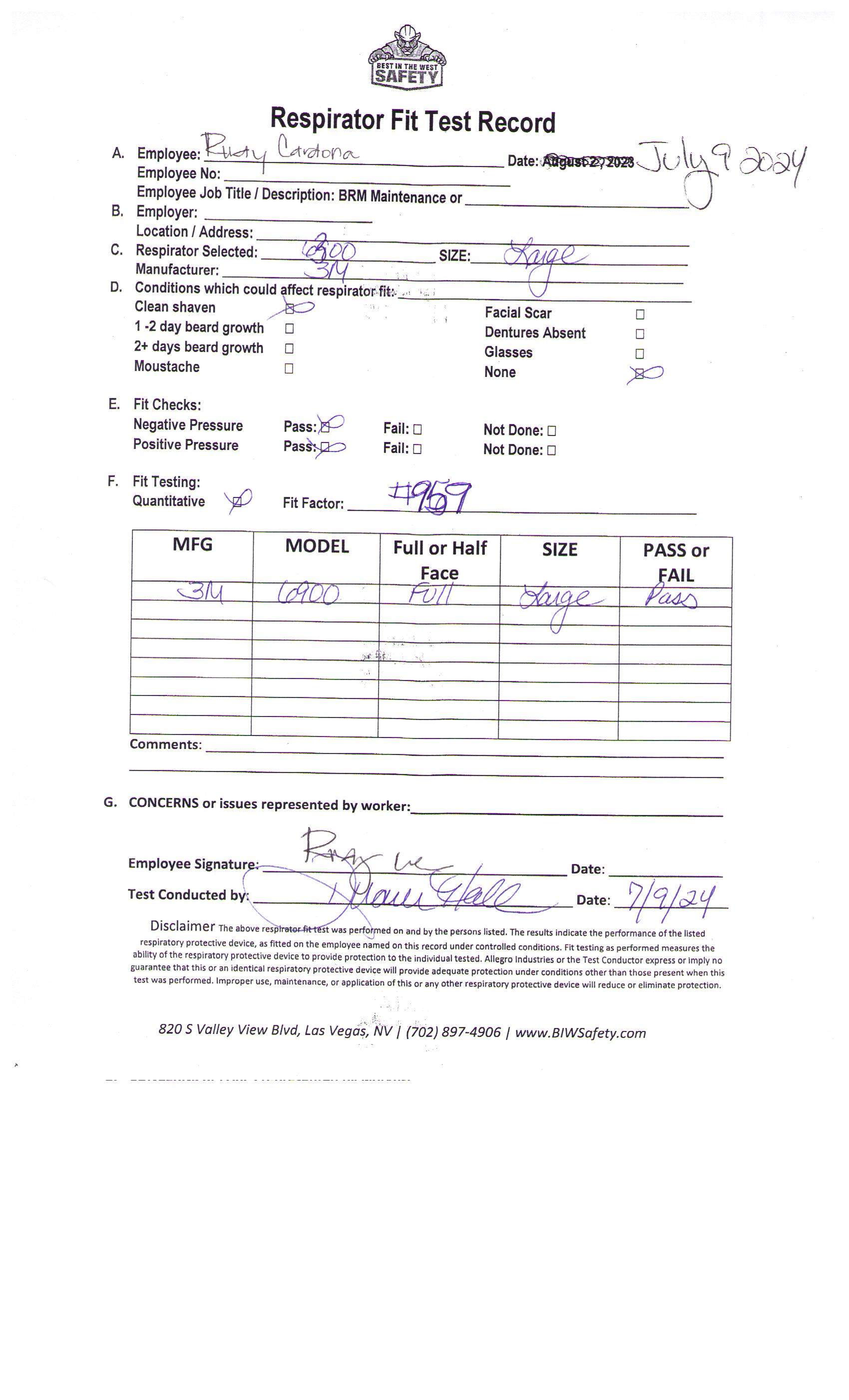 Upload Respirator Fit Test Reocord