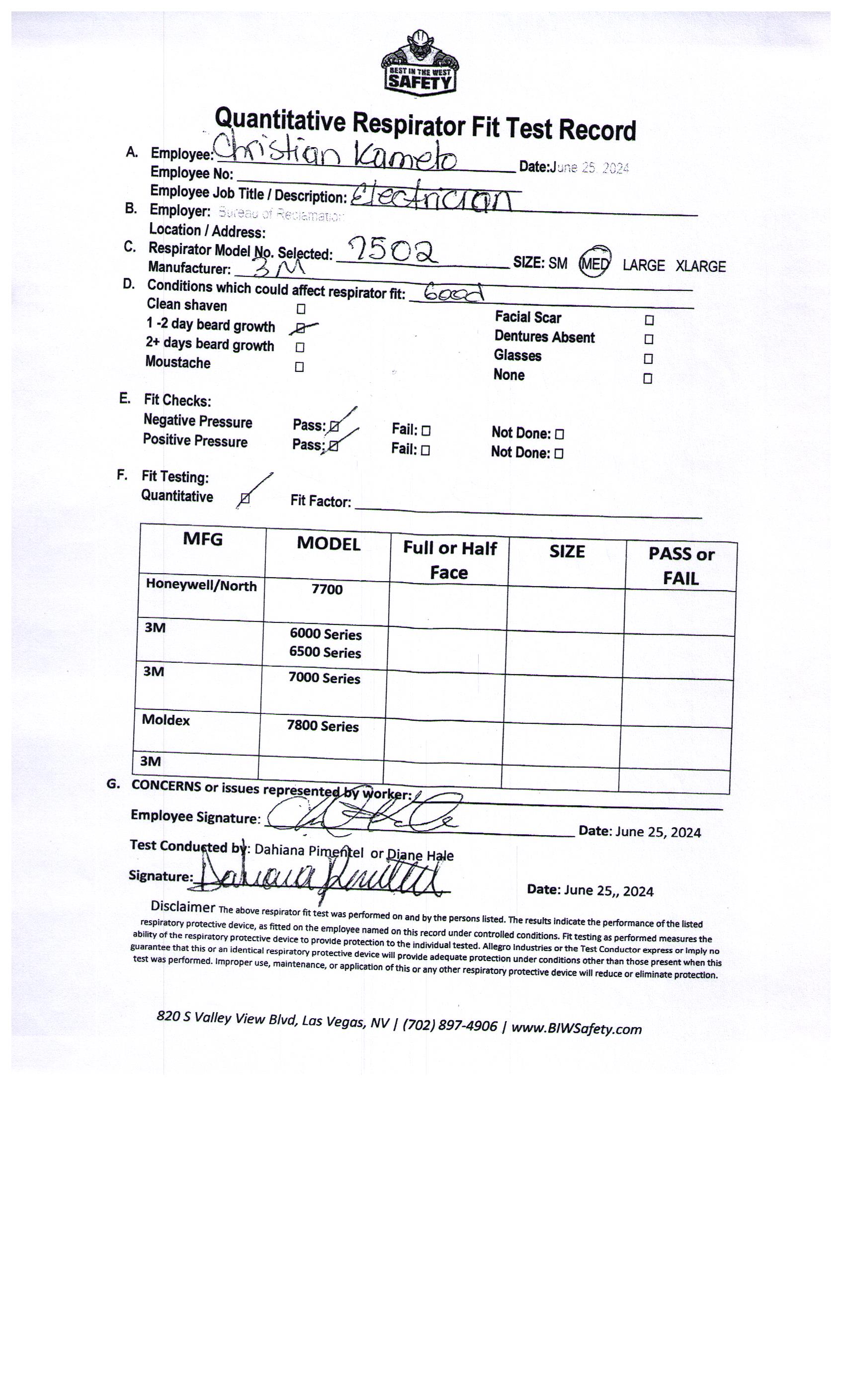 Fit Testing Sensitivity Form View User Documents | Best In the West Safety