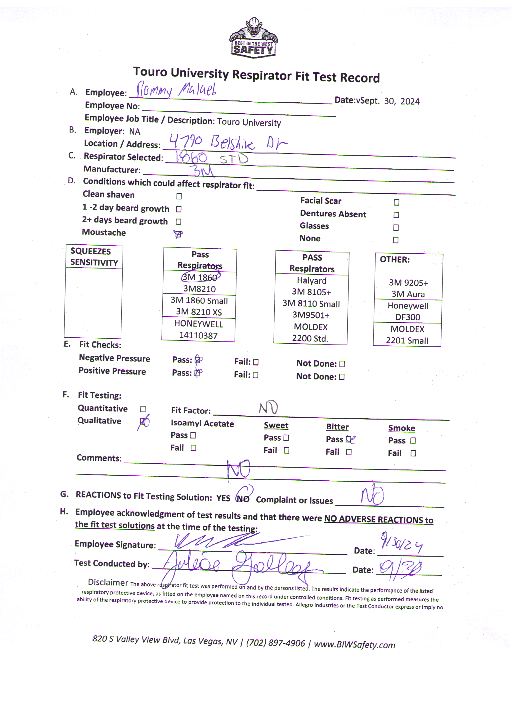 Admin Fit Test Records | Best In the West Safety